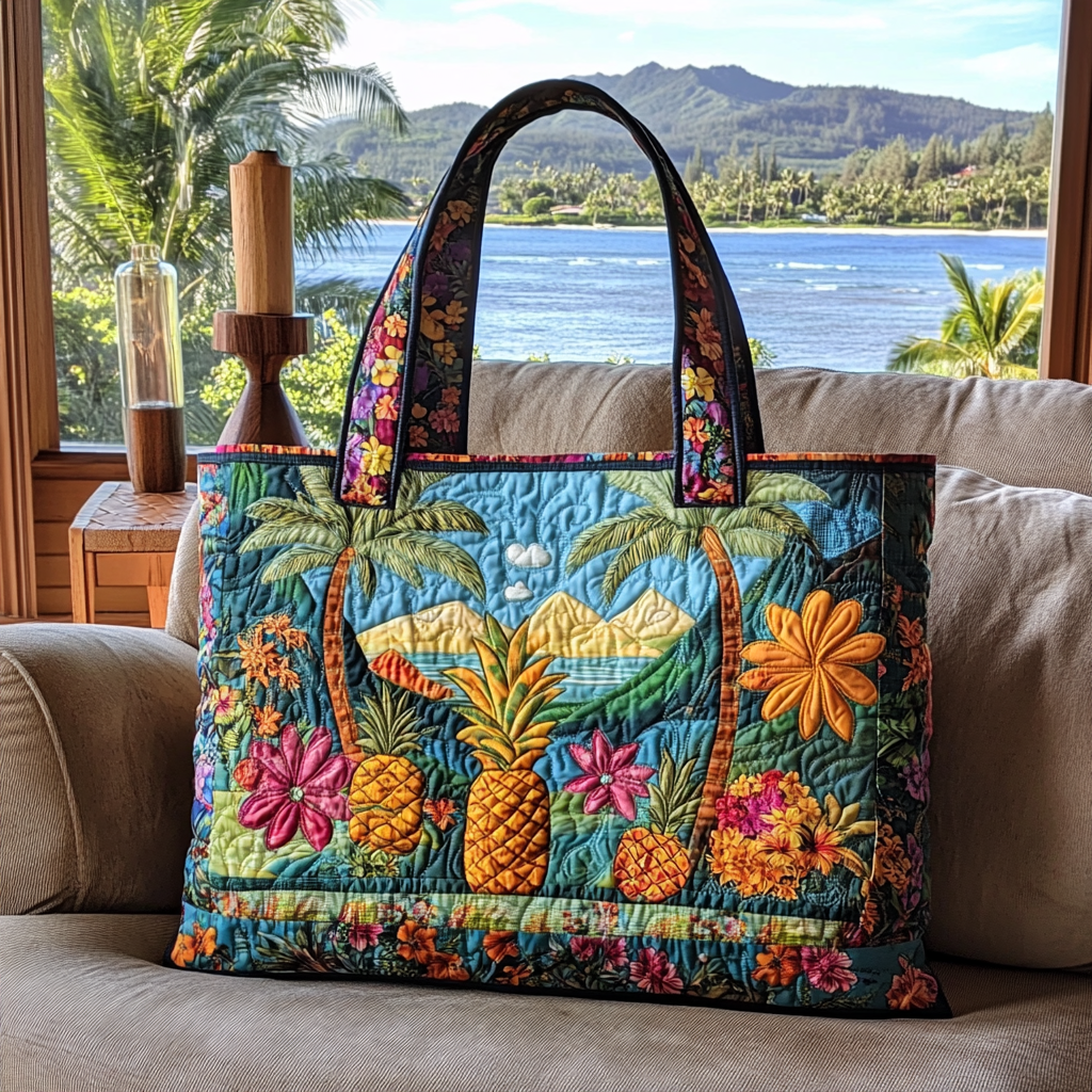 Pineapple Sunset Quilted Tote Bag Best Women's Shoulder Bags Gifts For An Ocean Lover