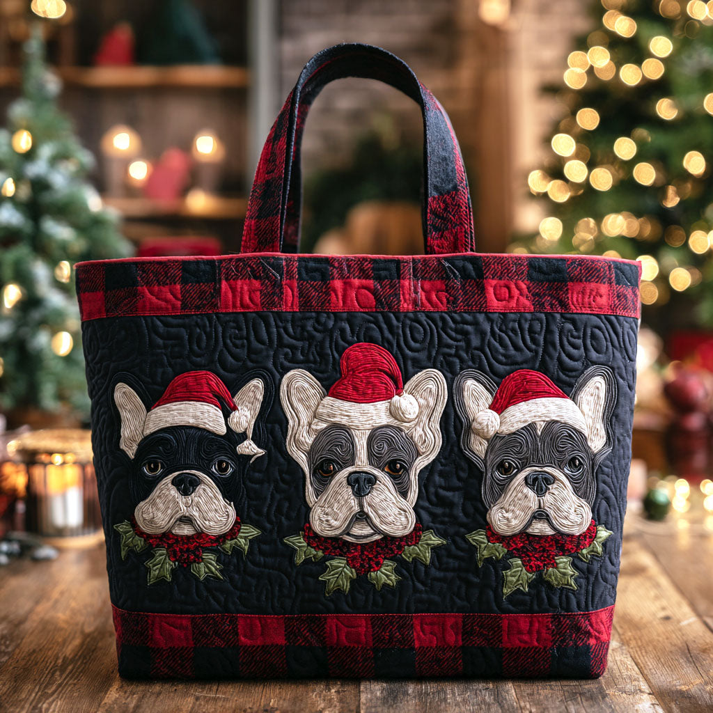 Plaid Puppy Joy Quilted Tote Bag Ladies Shoulder Bags Gifts For French Bulldog Owners