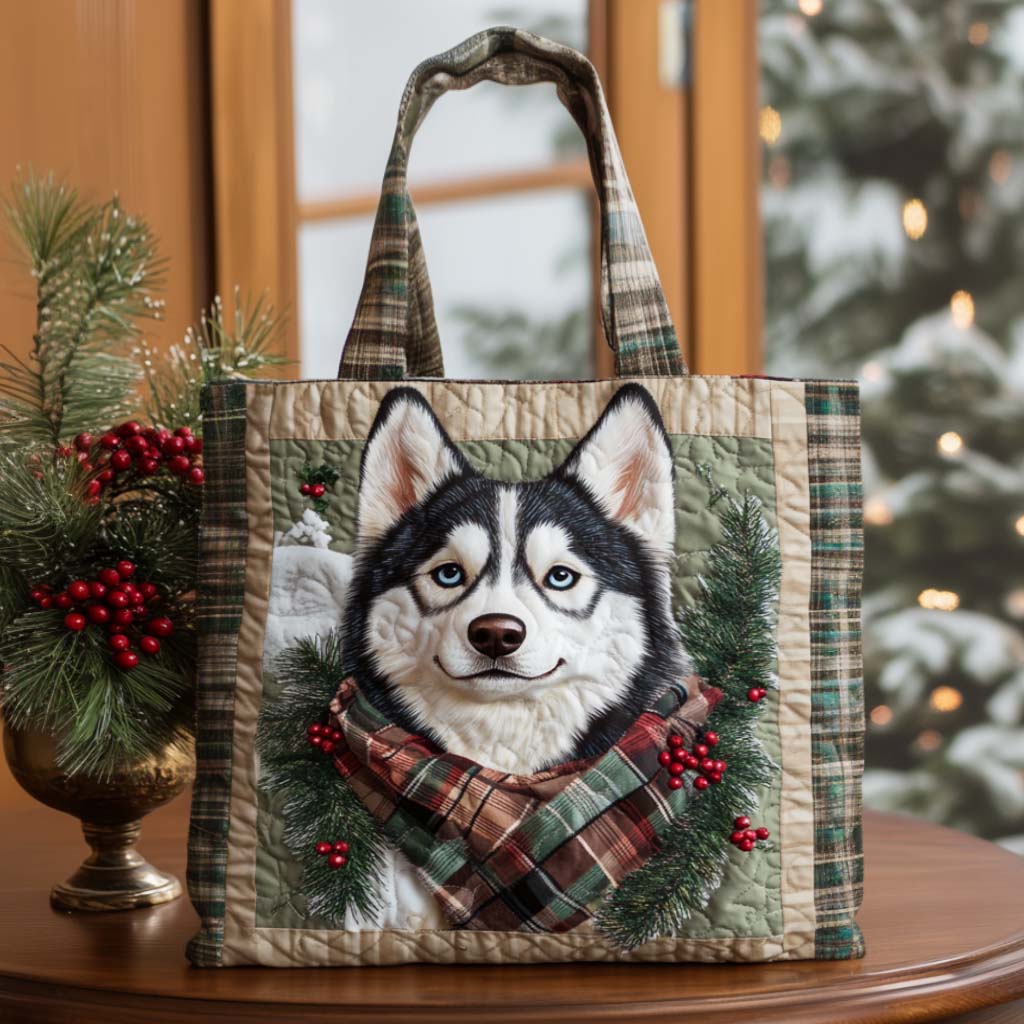 Plaid Smile Quilted Tote Bag Quilted Shoulder Bag Husky Mom Gifts