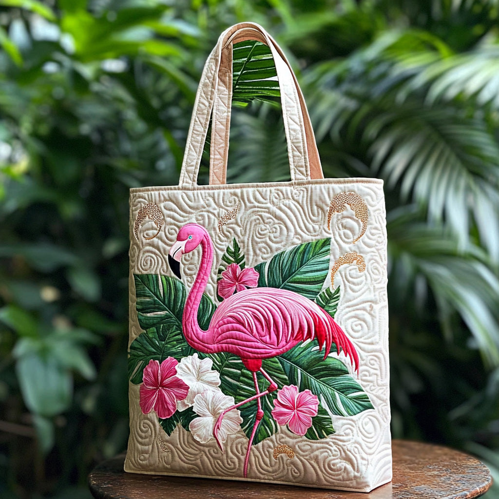 Poolside Mood Quilted Tote Bag Trendy Shoulder Bags Unique Gifts For Flamingo Lovers