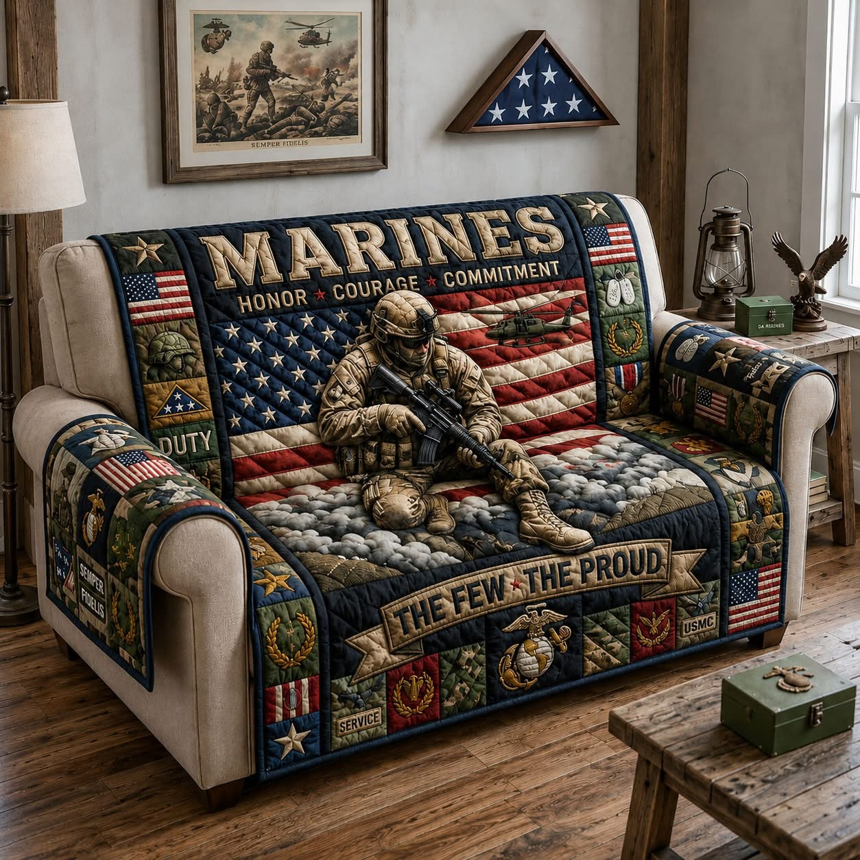 Proud USMC Marines Honor Courage Commitment Quilted Sofa Cover American Flag Soldier Home Decor Gift