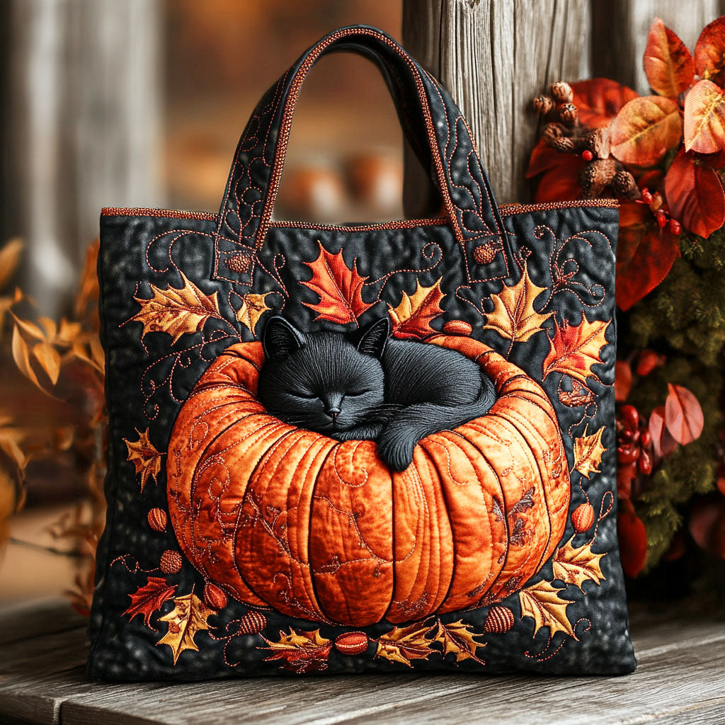 Pumpkin Cat Nap Quilted Tote Bag Quilted Shoulder Bag Gifts For Cat People