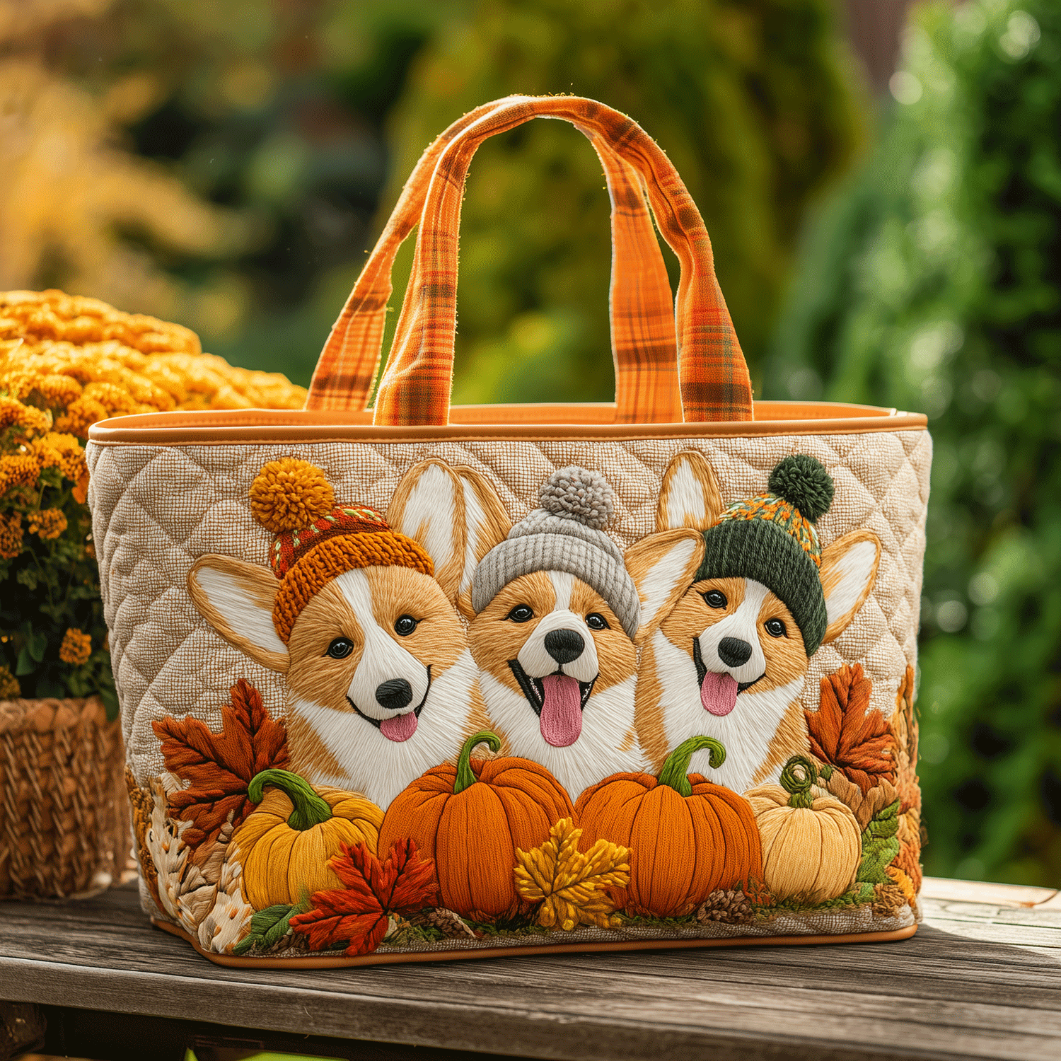 Pumpkin Patch Corgis Quilted Tote Bag Best Quality Tote Bags Corgi Items