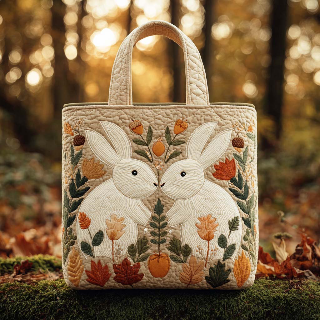 Pumpkin Patch Rabbit Quilted Tote Bag Travel Shoulder Bag Cute Fall Gift Ideas