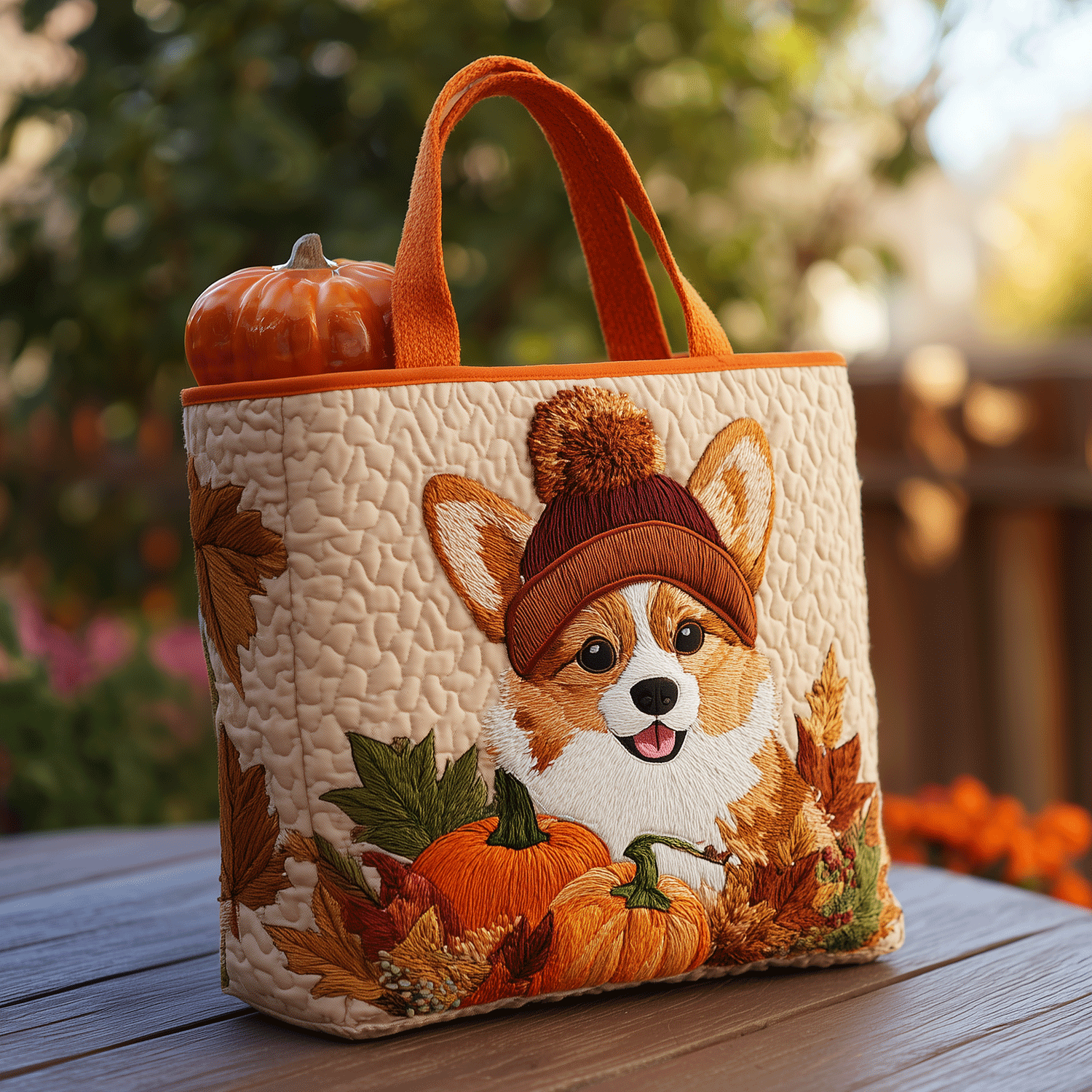 Pumpkin Spice Corgi Quilted Tote Bag Top Design Tote Bag Corgi Merchandise