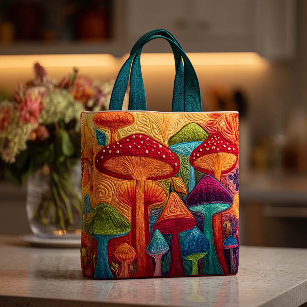 Rainbow Shrooms Quilted Tote Bag The Best Tote Bag Mushroom Gifts For Her