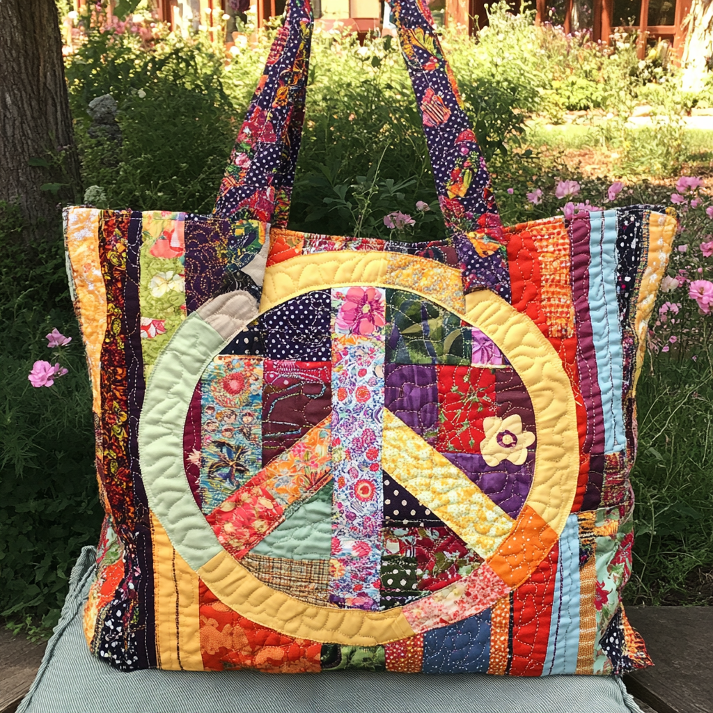 Retro Peace Patch Quilted Tote Bag Travel Shoulder Bag Birthday Gift For Hippie Friend