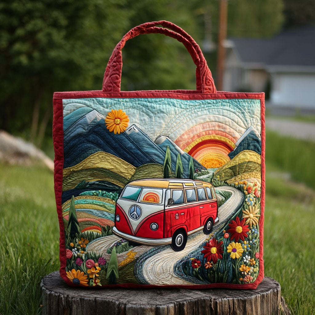 Retro Roads Quilted Tote Bag Best Women's Shoulder Bags Birthday Presents For Hippies