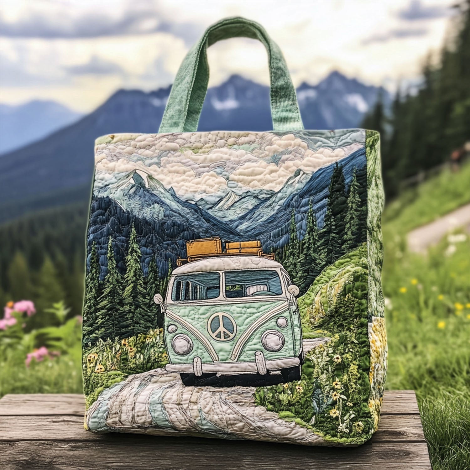 Retro Wheelscape Quilted Tote Bag Best Bags For Women Hippie Gifts For Her