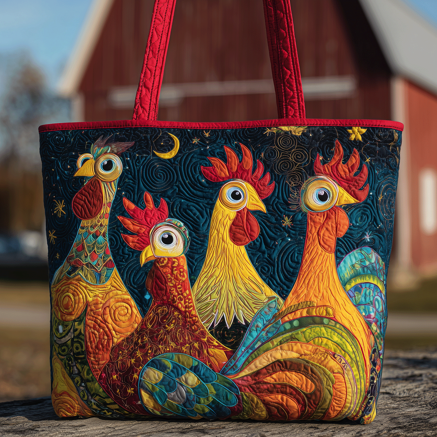 Rooster Gathering Quilted Tote Bag Popular Designer Tote Bags Chicken Lover Presents