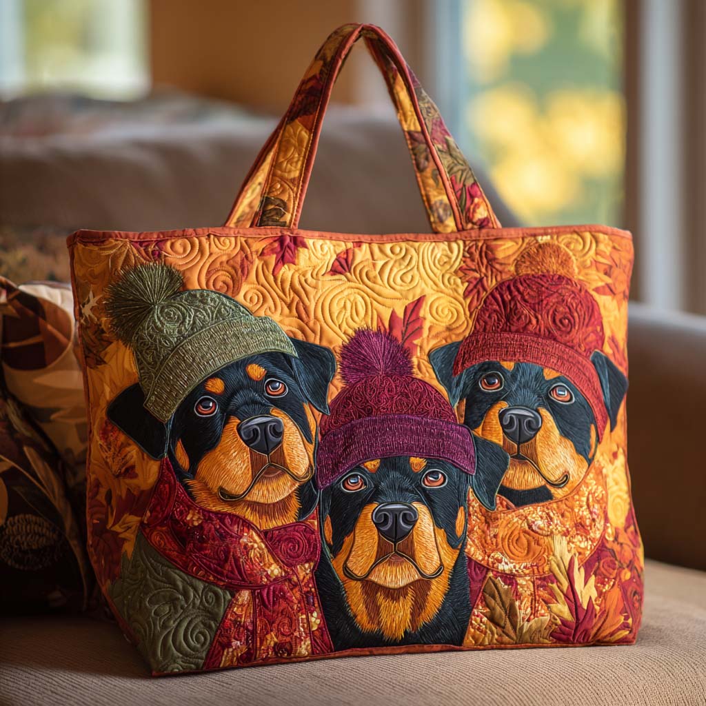 Rottie Autumn Trio Quilted Tote Bag Trendy Tote Rottweiler Gifts For Men