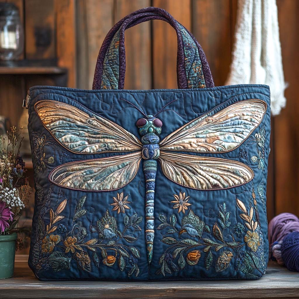 Rustic Blue Meadow Quilted Tote Bag Best Everyday Tote Bag Dragonfly Themed Gifts