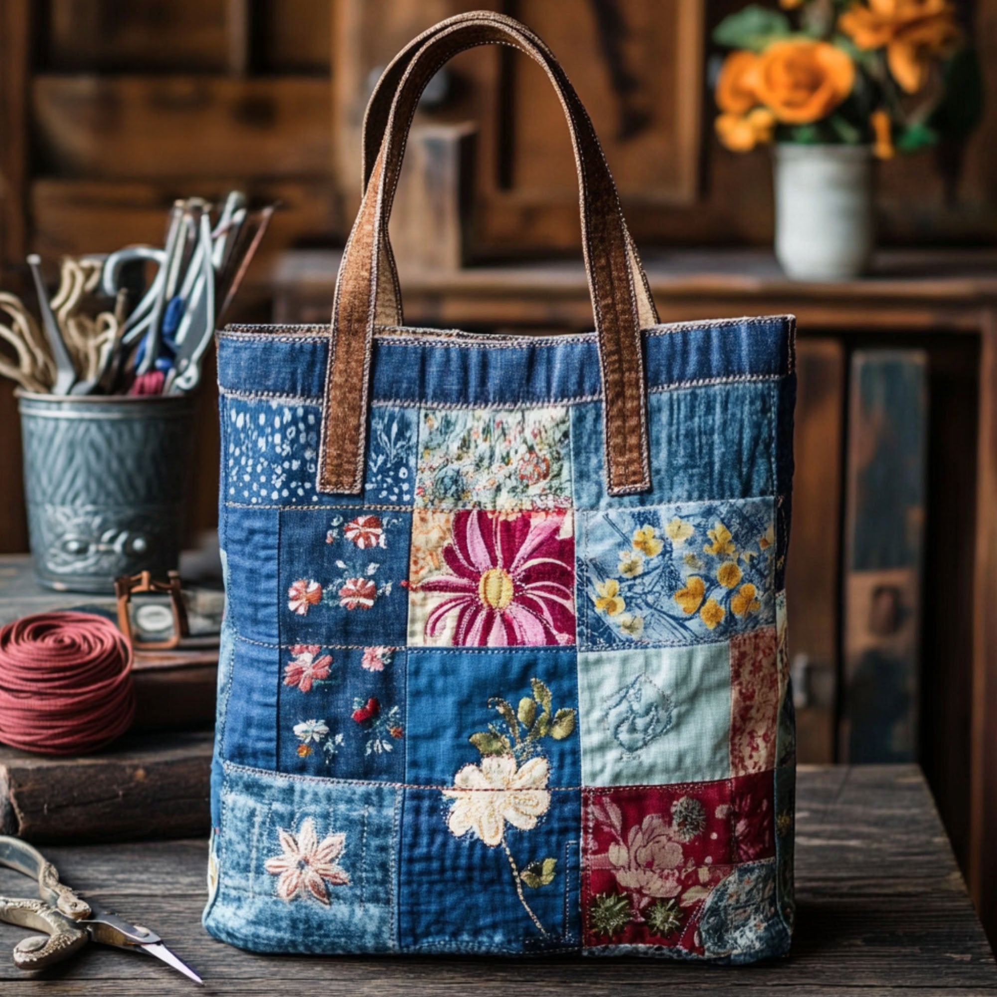 Rustic Floral Patchwork Quilted Tote Bag Best Totes For Women Best Birthday Gifts For Mothers - Image 3