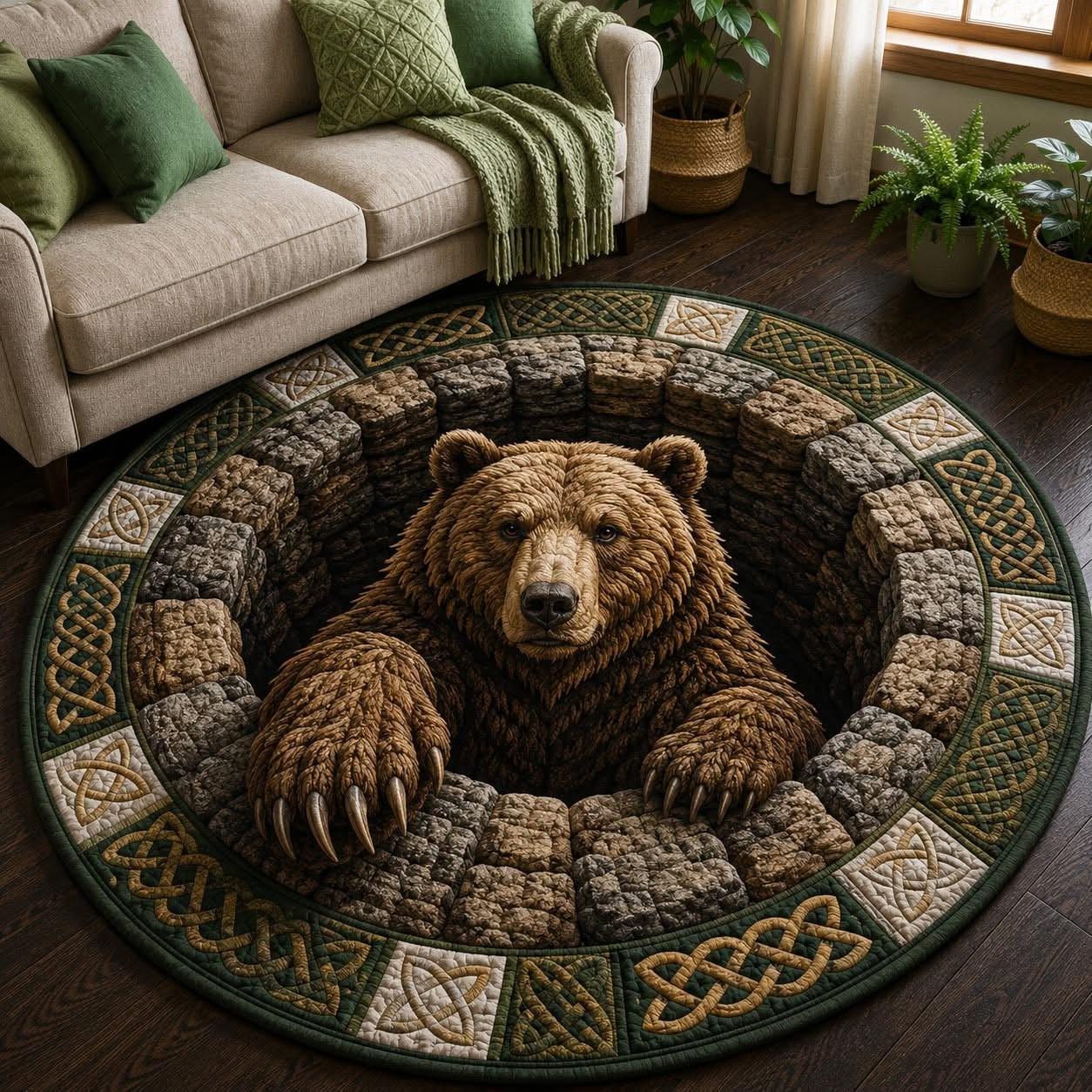 Rustic Guardian Grizzly Bear Quilted Round Mat Celtic Stone Pattern Decor Gift For Beer lovers