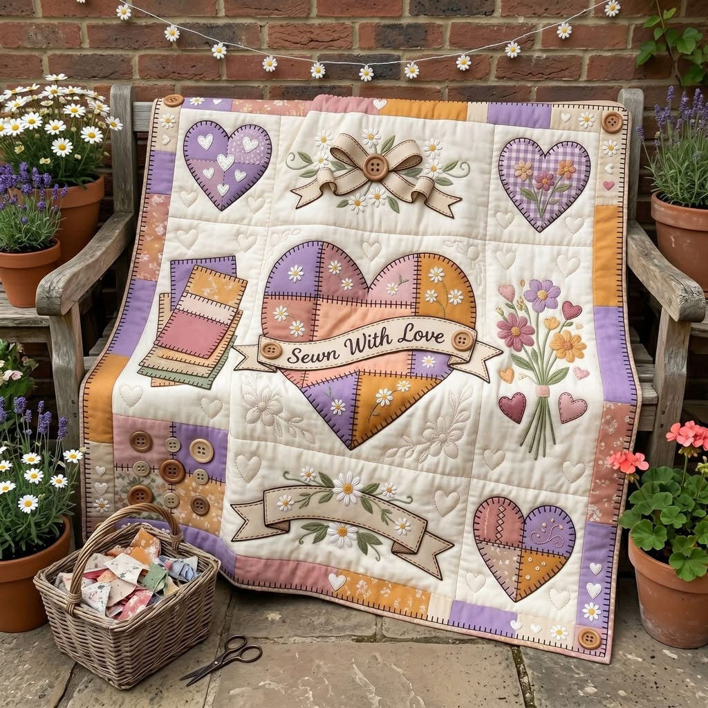Sewn With Love Patchwork Purple Heart Quilted Blanket Country Floral Decor Gift For Sewing Lovers