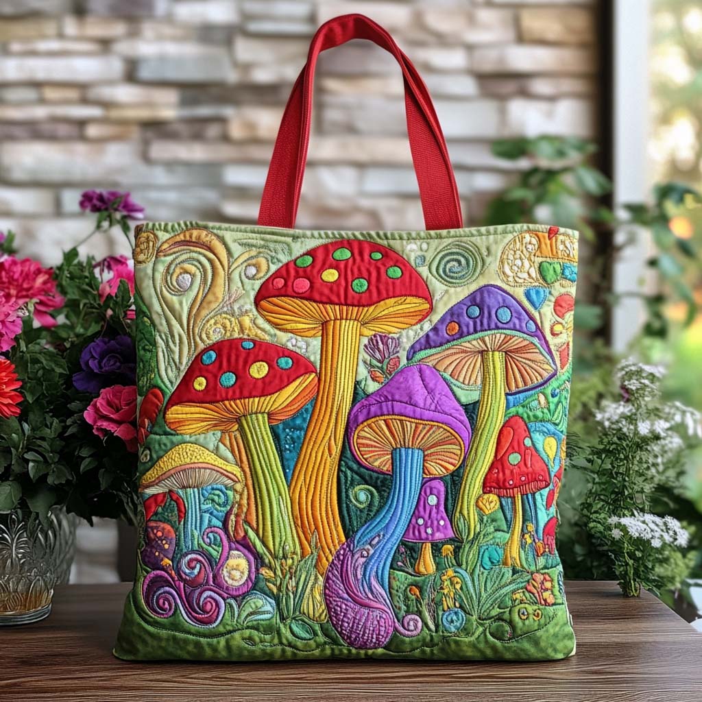 Shroom Meadow Quilted Tote Bag Perfect Tote Bag Gifts For Mushroom Hunters