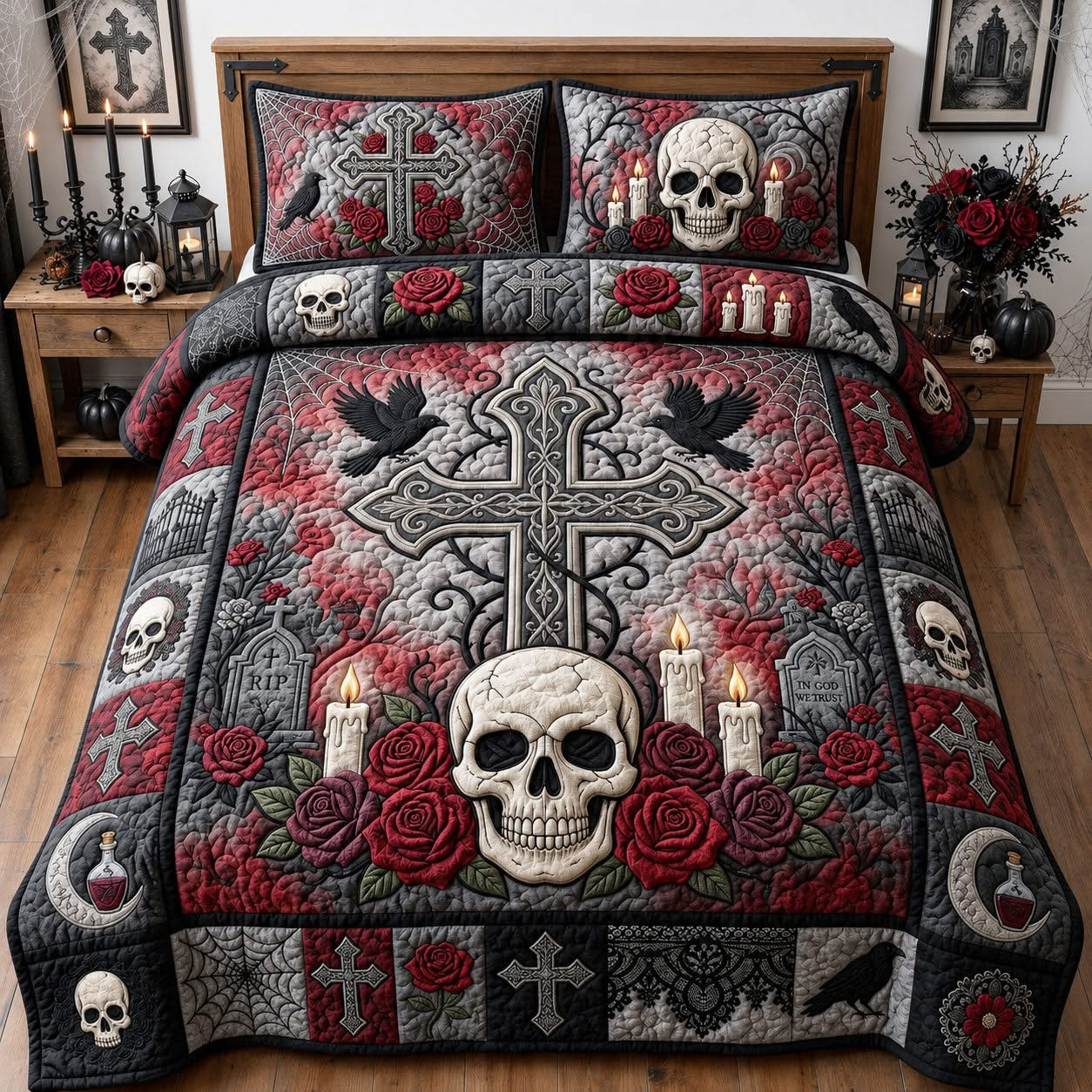 Skull Scary Halloween Gothic Cross Red Rose Quilted Bedding Set Dark Spooky Decor Gift Ideas