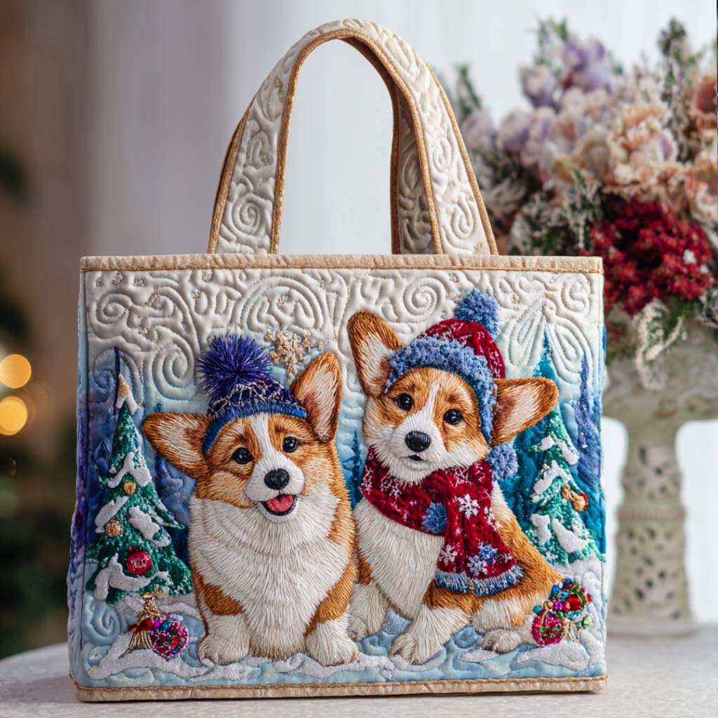 Snow Buddies Quilted Tote Bag Trendy Tote Cute Corgi Gifts