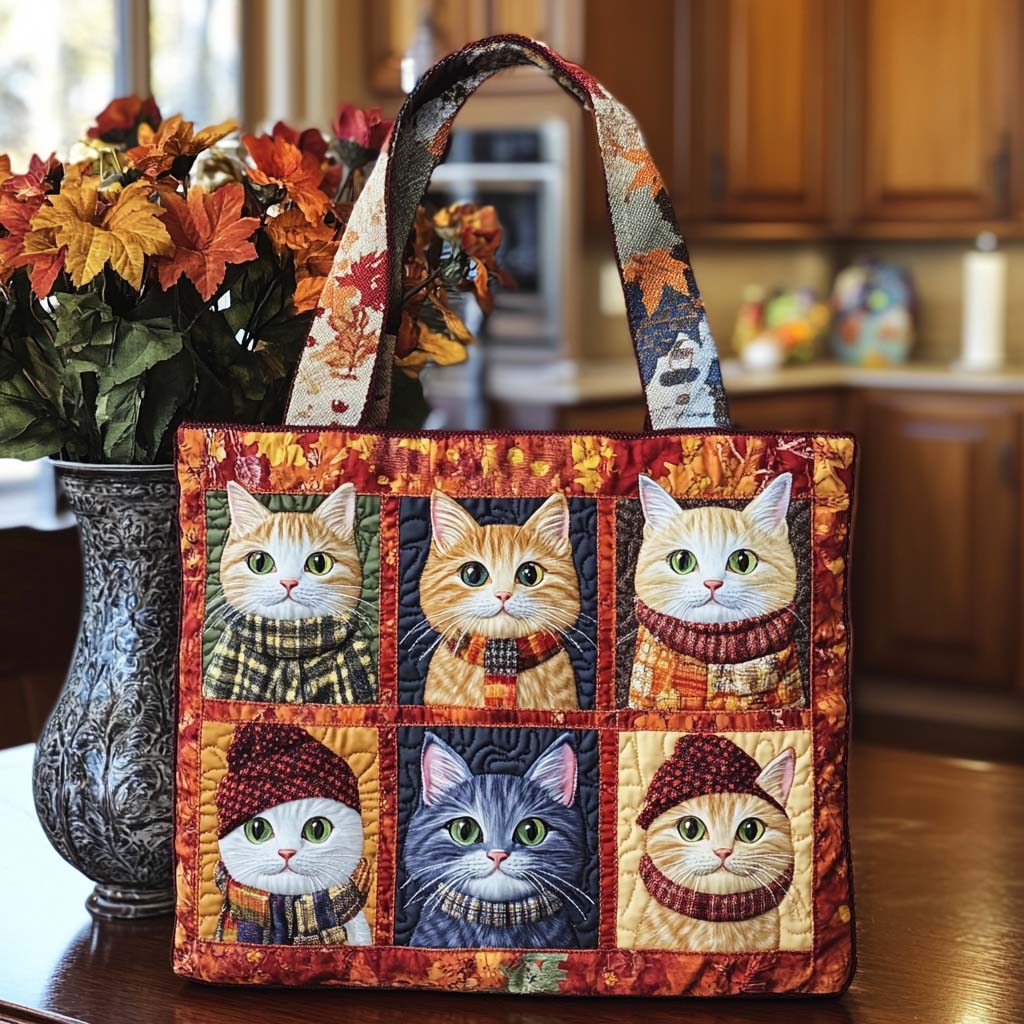 Snug Autumn Cat Quilted Tote Bag Patchwork Tote Bag Cool Gifts Cat Lovers