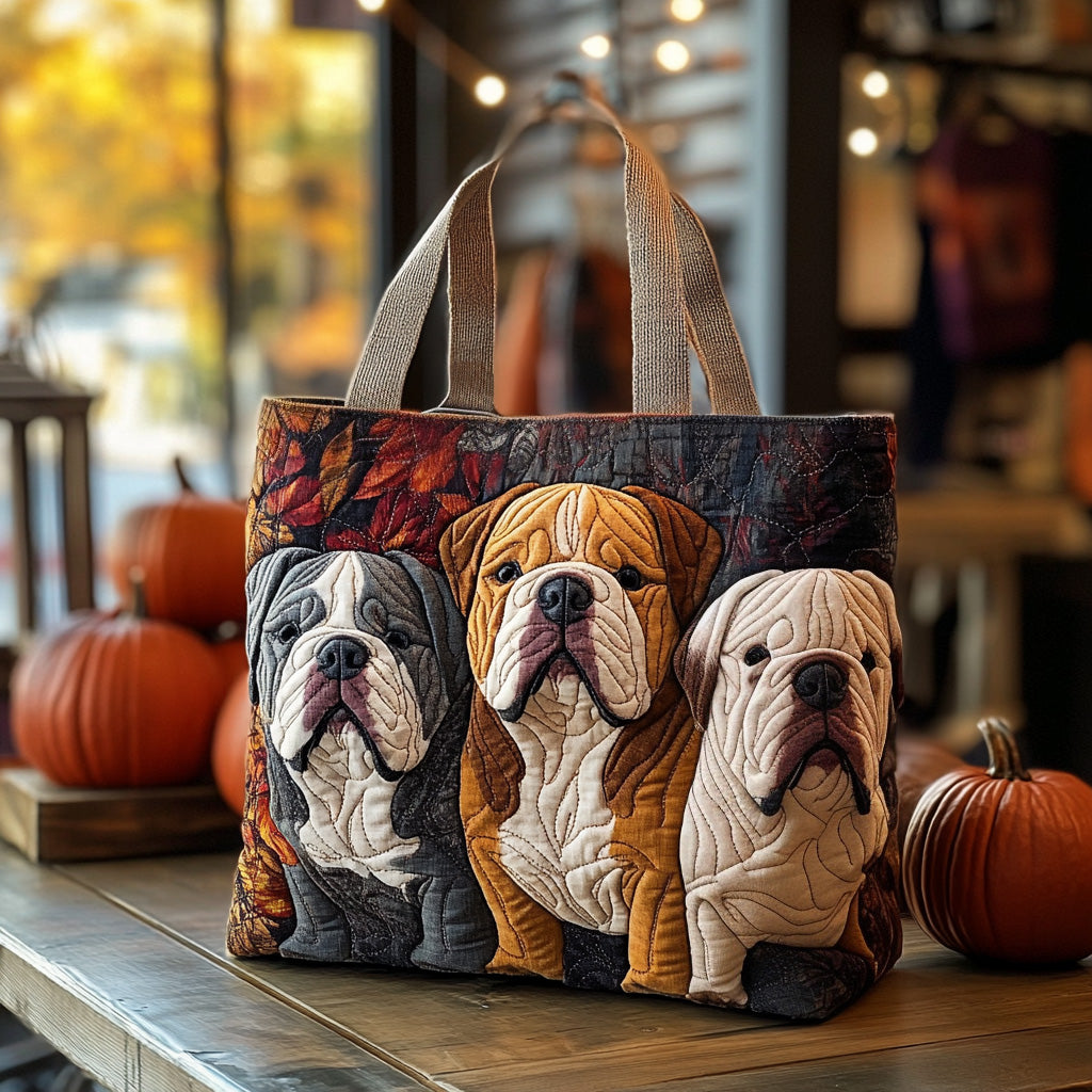 Snuggle Pup Fall Quilted Tote Bag Shoulder Bag Cute Bulldog Themed Gifts