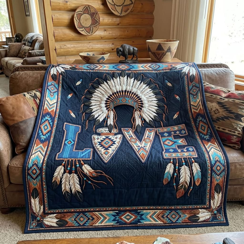 Spirit Of Love Native American Feather Quilted Blanket Southwestern Tribal Home Decor Gift For HIm