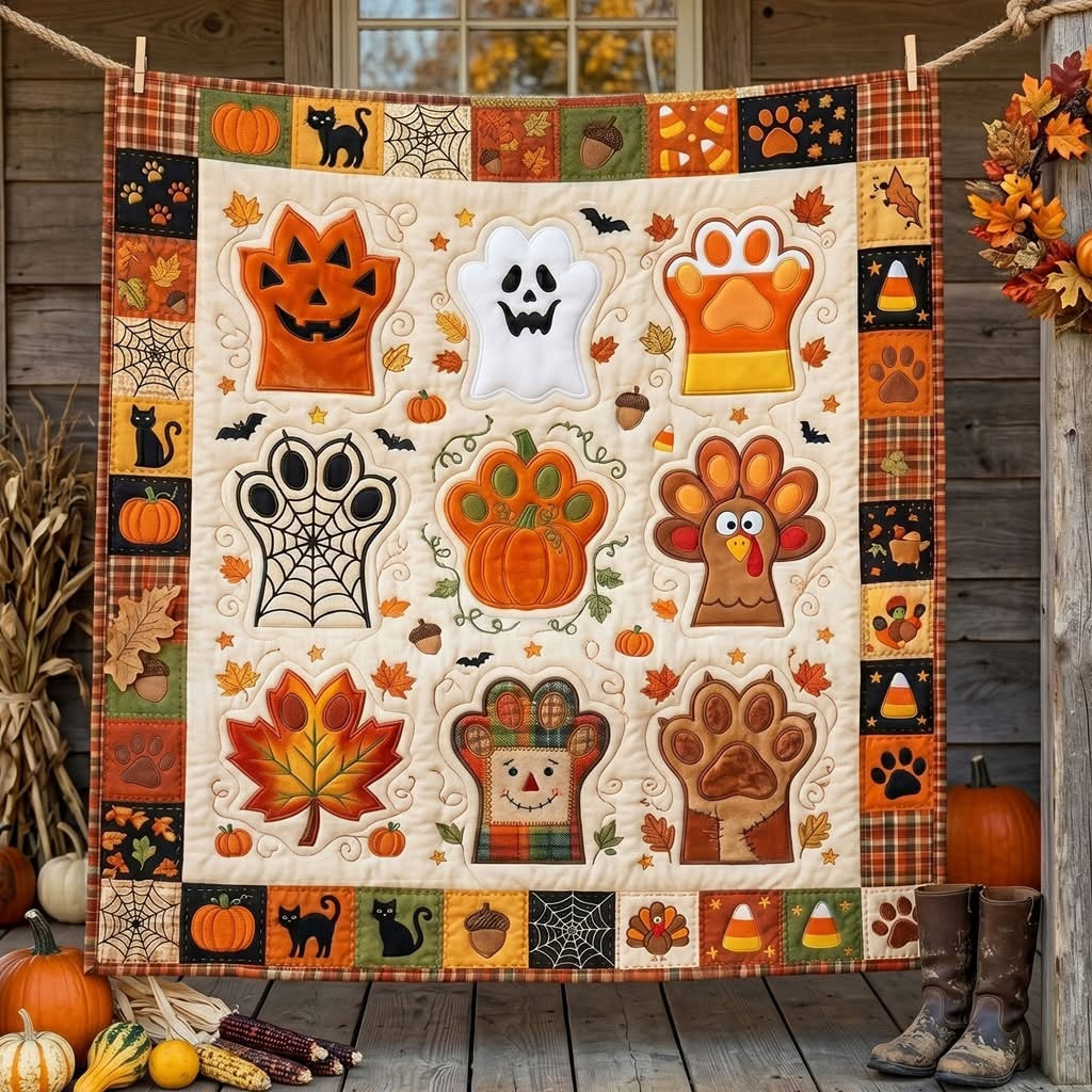 Spooky Paw Patch Halloween Ghost Pumpkin Quilted Blanket Fall Thanksgiving Home Decor Gift For Mom