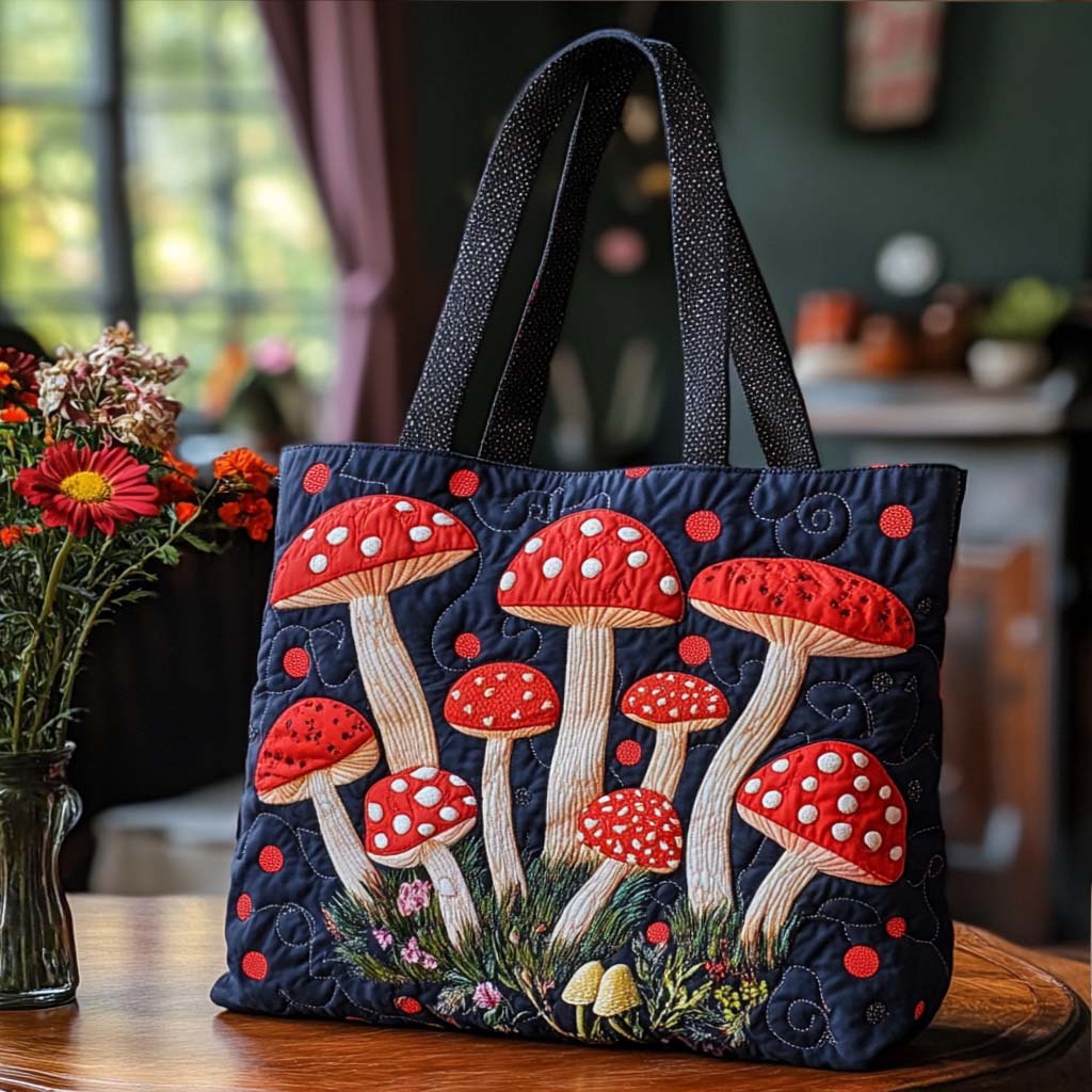 Spotted Charm Quilted Tote Bag Best Luxury Tote Presents For Mushroom Lovers