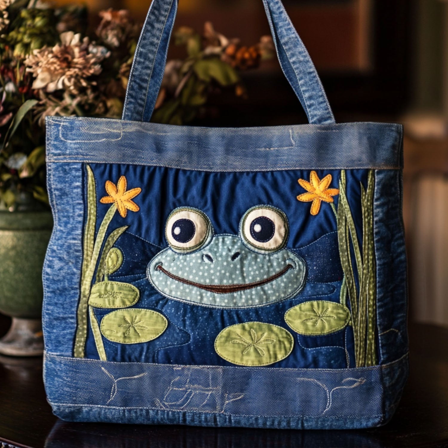 Still Waters Frog Quilted Tote Bag Best Shoulder Bags Cute Frog Gifts For Her