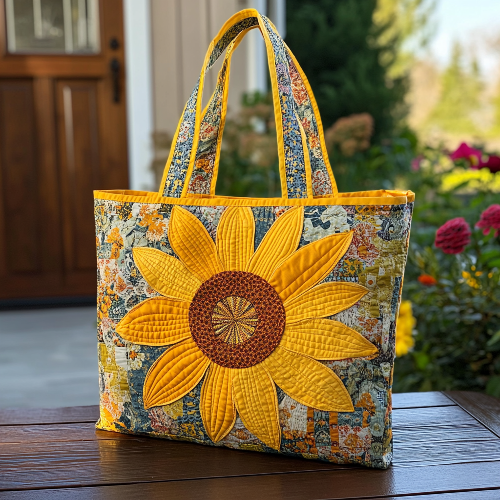 Sunflower Glow Quilted Tote Bag Shoulder Bag Vintage Sunflower Theme Gifts Merchandise