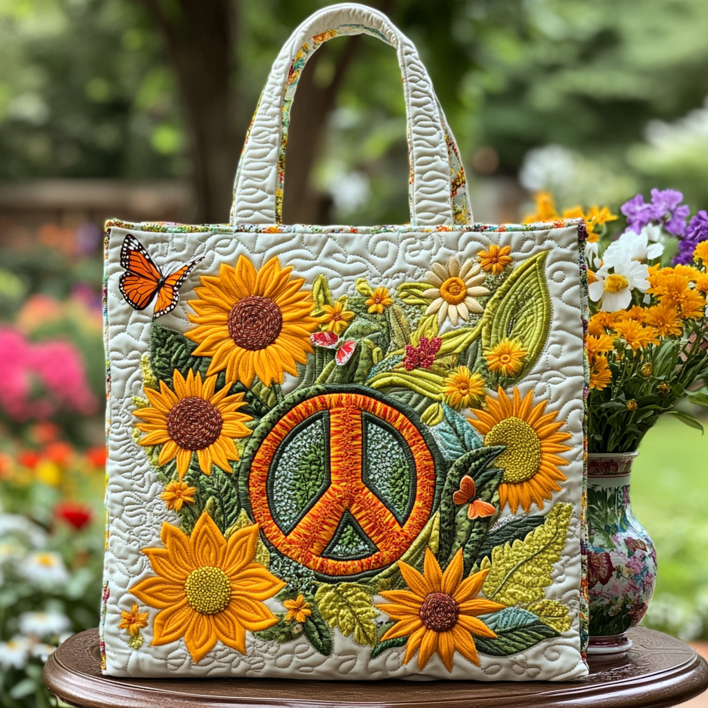 Sunflower Peace Patch Quilted Tote Bag Vintage Shoulder Bag Sunflower Birthday Gifts