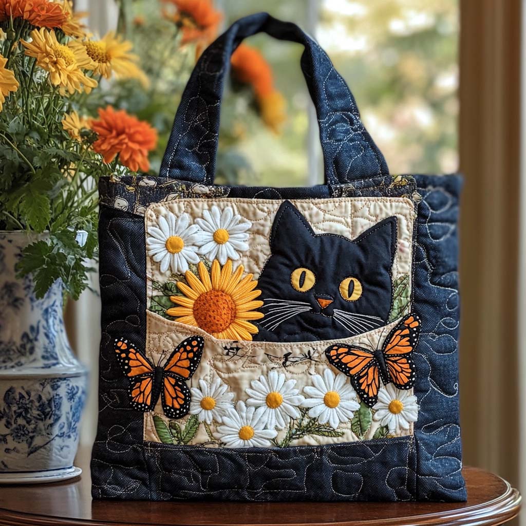 Sunny Cat Quilted Tote Bag Everyday Tote Bag Cat Presents For Women