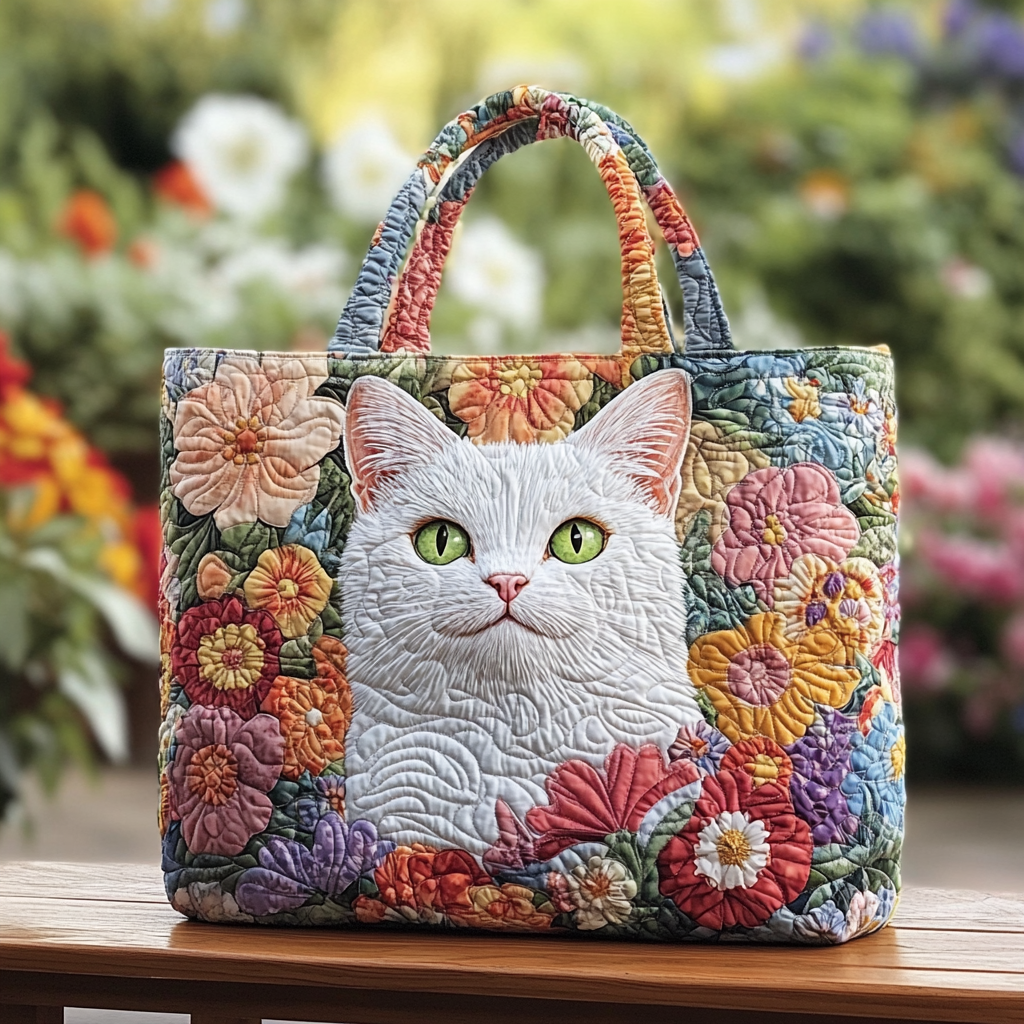 Sunny Cat Quilted Tote Bag Shoulder Handbag Cat Stuff For Cat Lovers