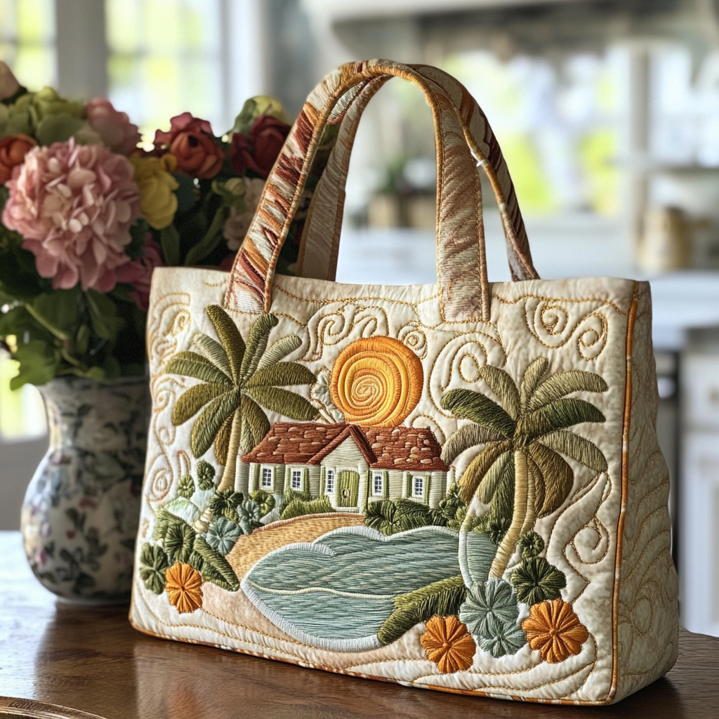 Sunset Cottage Quilted Tote Bag Ladies Shoulder Bags Gifts For Beach Goers