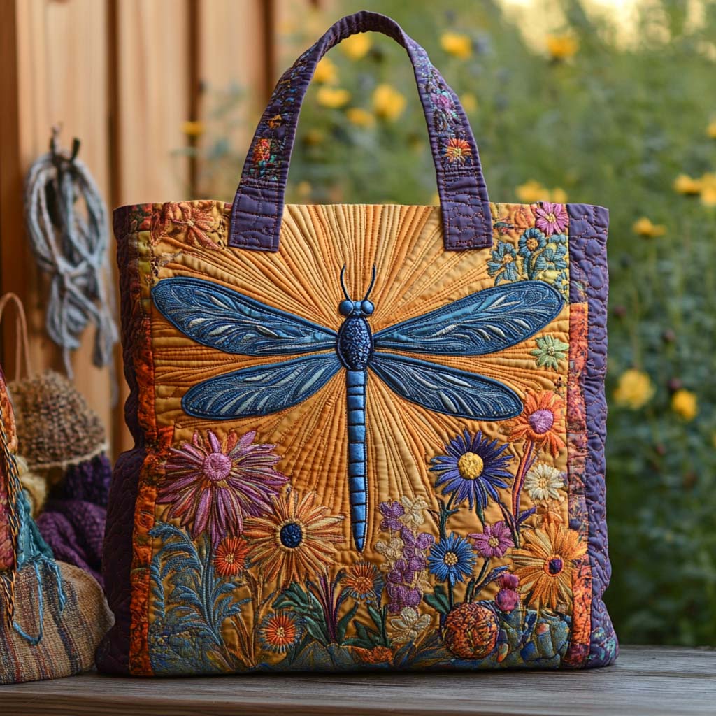 Sunset Glow Quilted Tote Bag Best Everyday Tote Bag Gift For Someone Who Loves Dragonflies