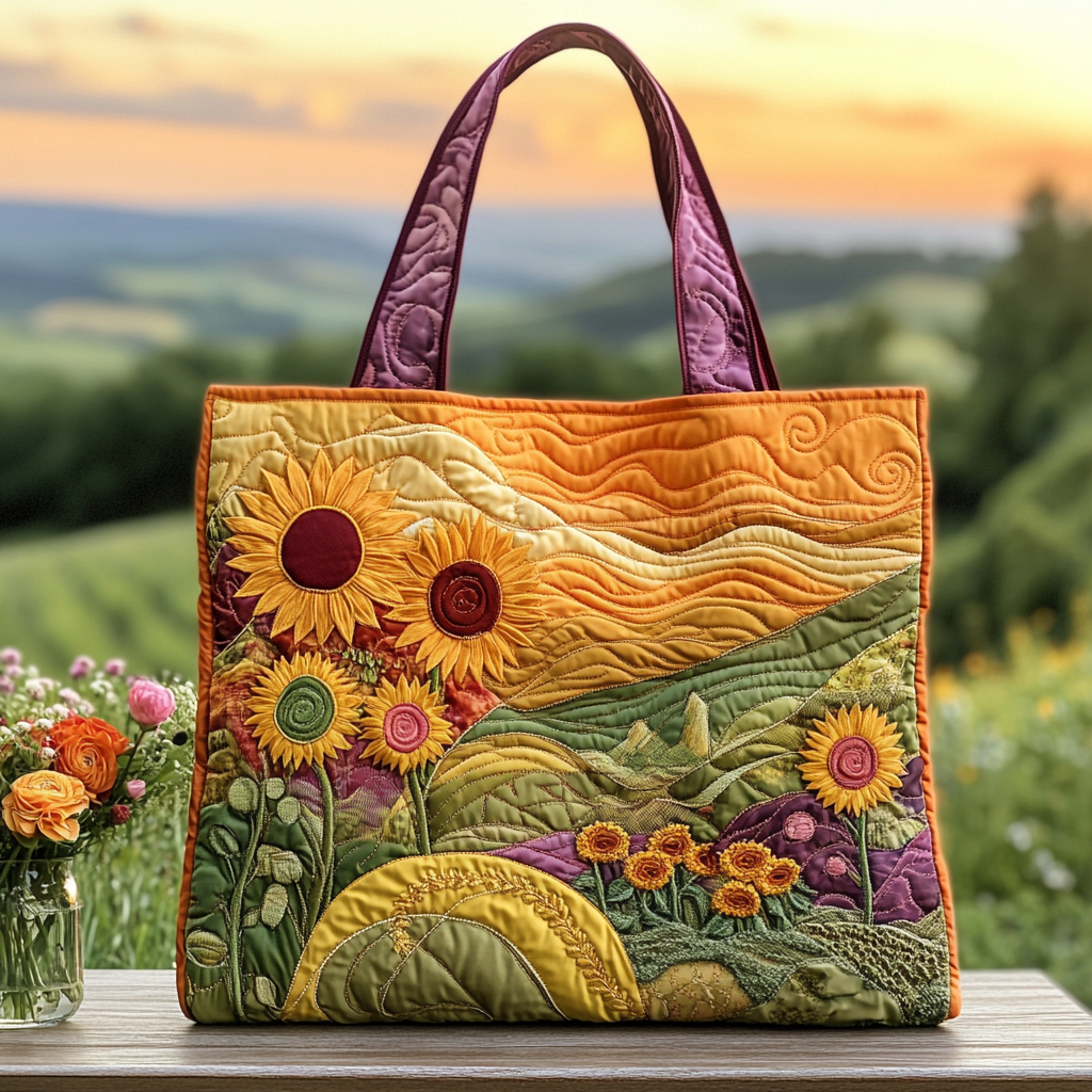 Sunset Meadow Bloom Quilted Tote Bag Shoulder Bag Sale Sunflower Items For Gifts