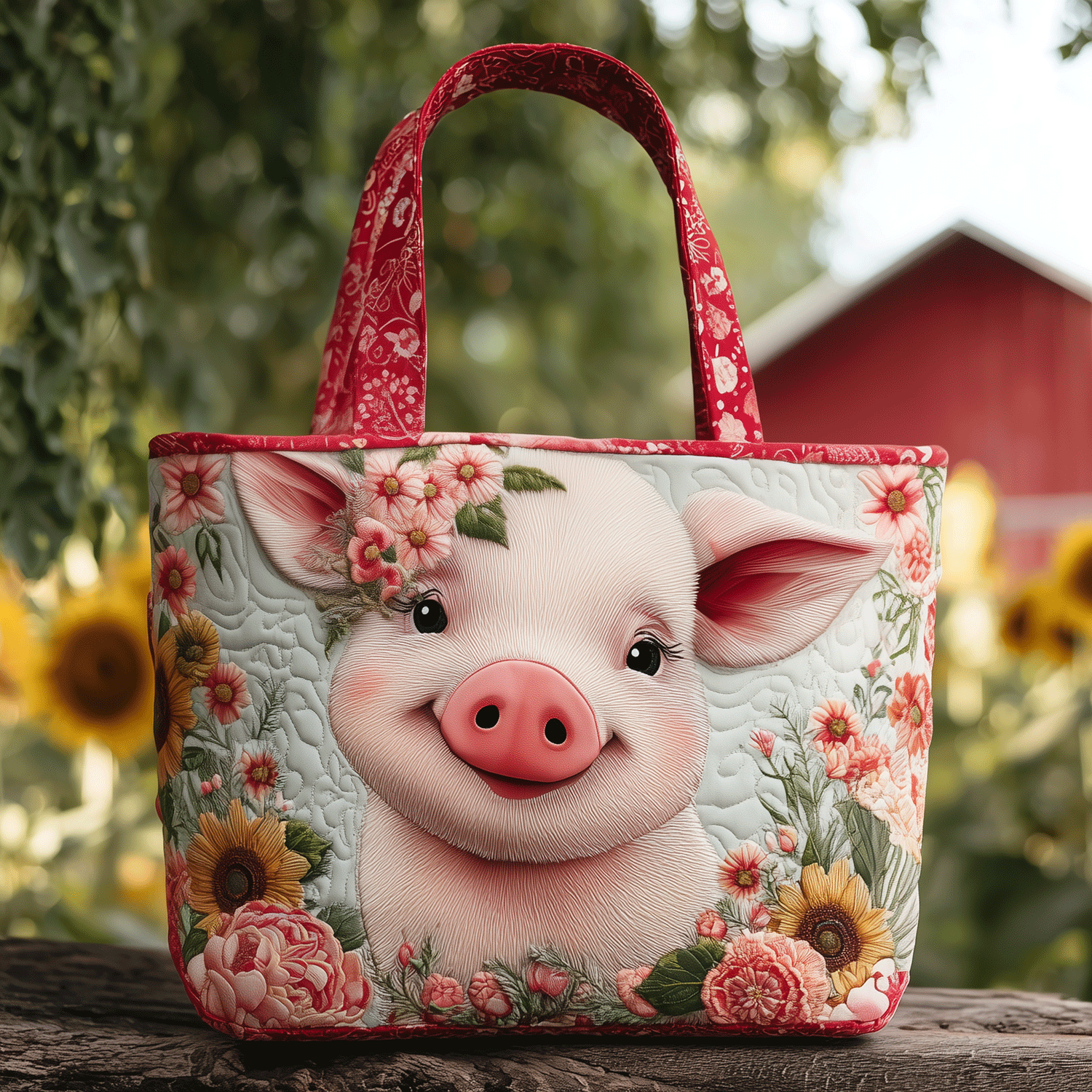 Sunshine Pig Smile Quilted Tote Bag Shoulder Bag Pig Gifts For Owners