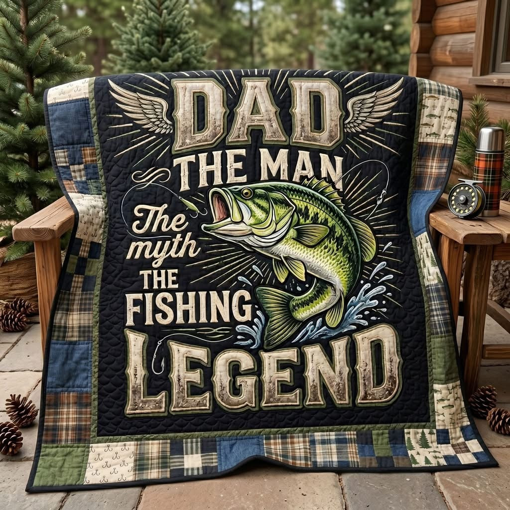 The Fishing Legend Dad The Man The Myth Quilted Blanket Bass Fish Cabin Bed Decor Father Gift