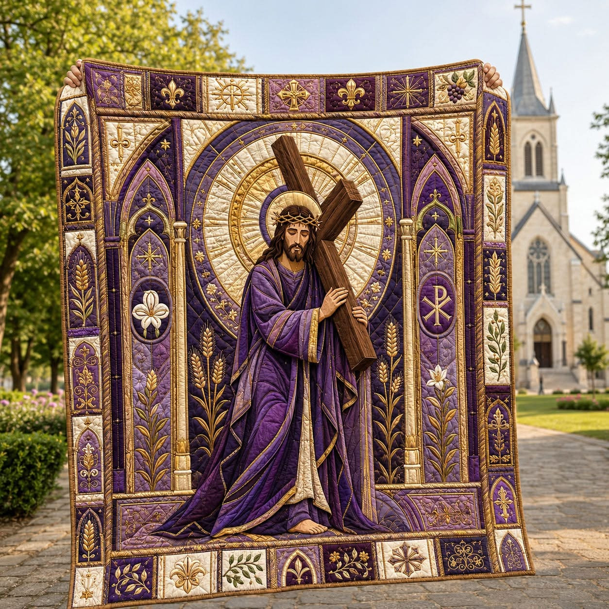 The Way Of Calvary Jesus Carrying Cross Quilted Blanket Catholic Church Home Decor
