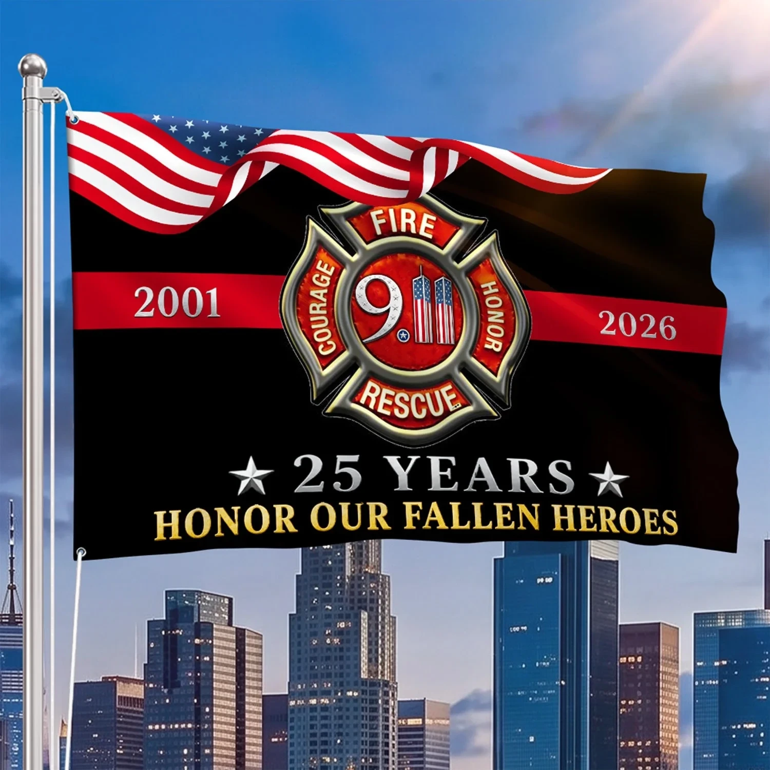 Thin Red Line Firefighter 911 Flag 25th Anniversary Honor Heroes Flag Patriotic Gift