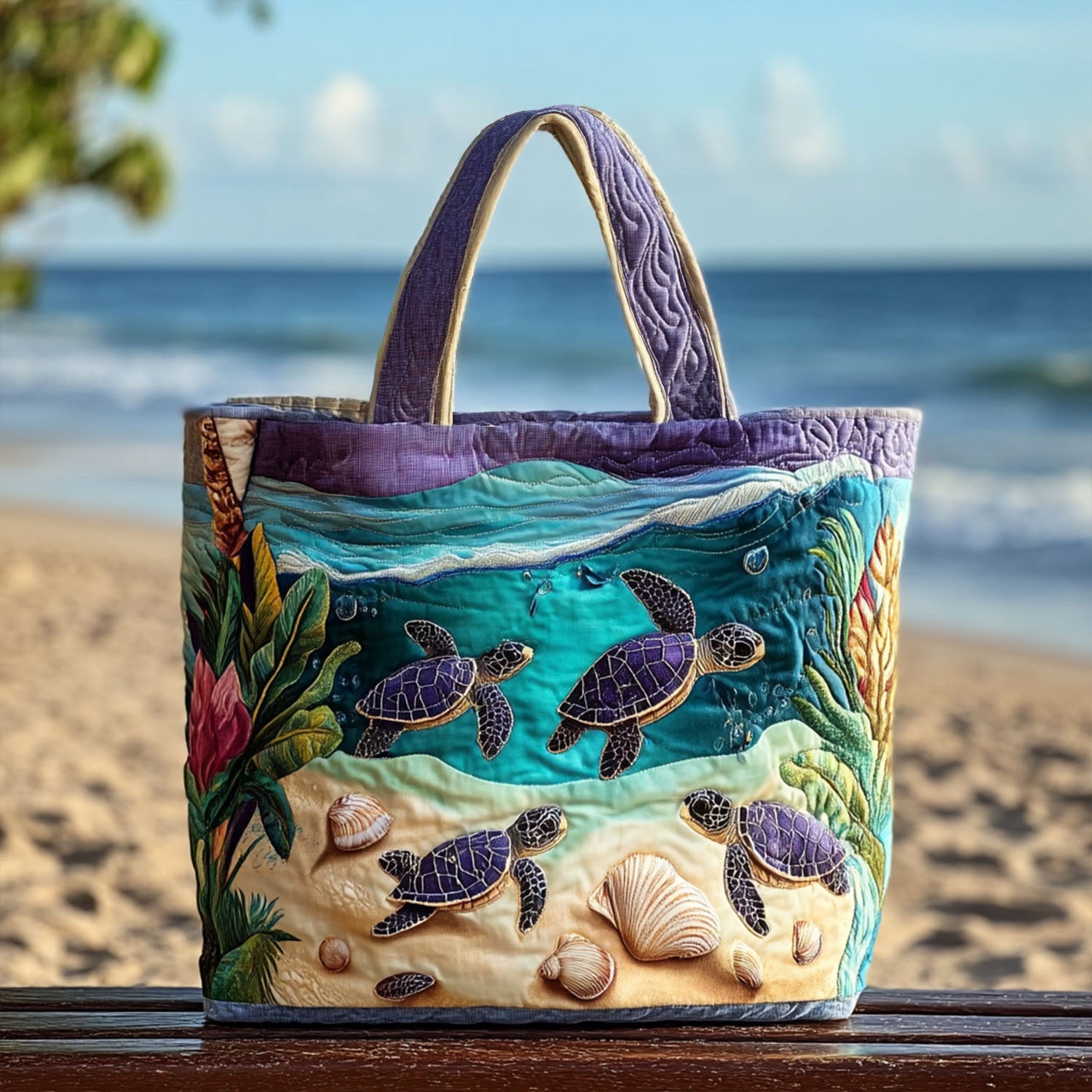 Tidal Bloom Quilted Tote Bag Popular Designer Tote Bags Gifts For Sea Turtle Lovers