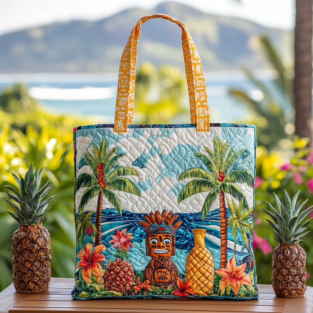 Tiki Tropics Quilted Tote Bag Vintage Shoulder Bag Gifts For Beach Vacation