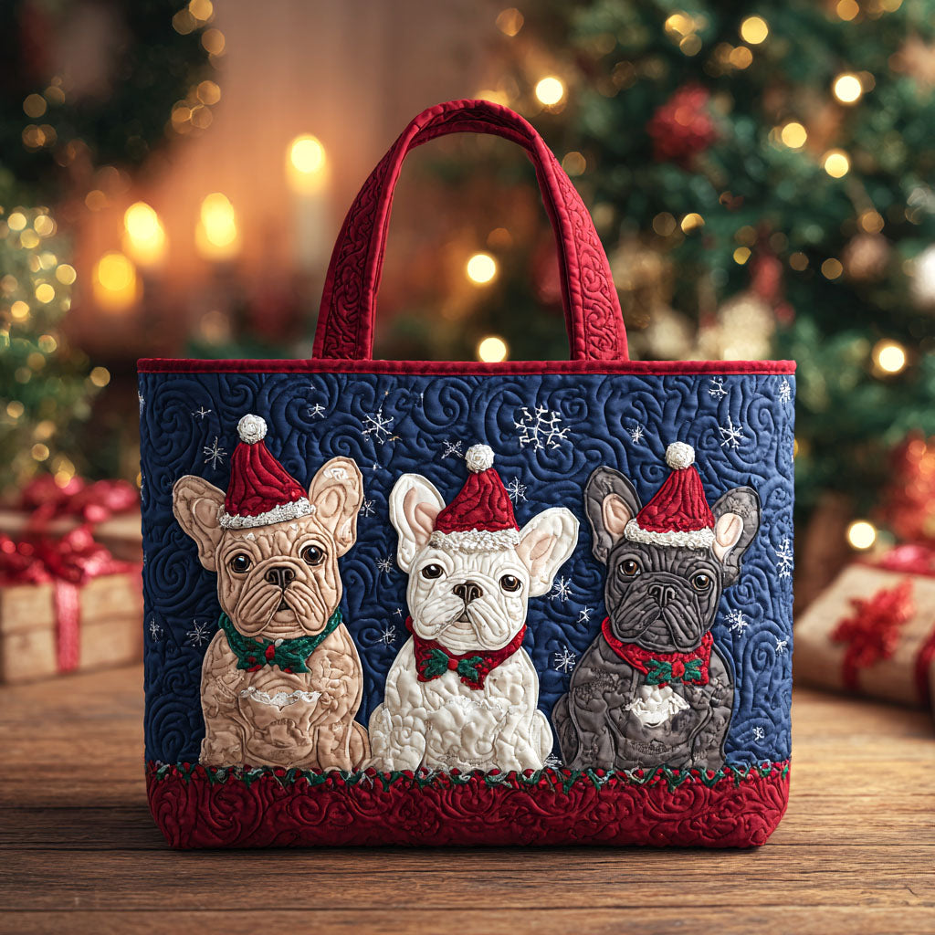 Tiny Santa Pups Quilted Tote Bag Best Shoulder Bag For Women Best French Bulldog Gifts