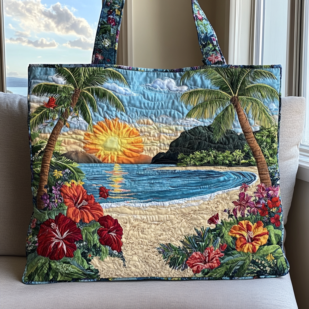 Tropical Sunset Quilted Tote Bag Shoulder Handbag Beach Gifts For Friend