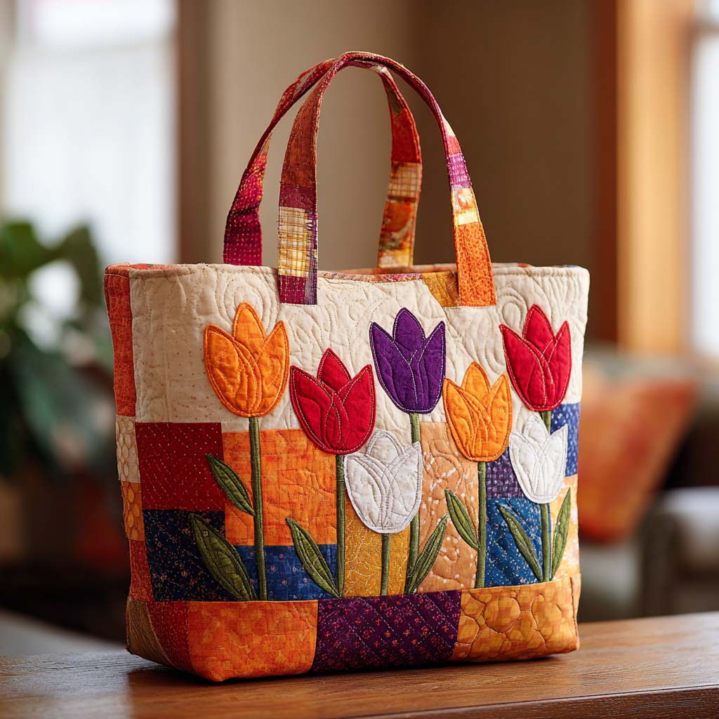 Tulip Meadow View Quilted Tote Bag Shoulder Handbag Gift Ideas For Tulip Lovers