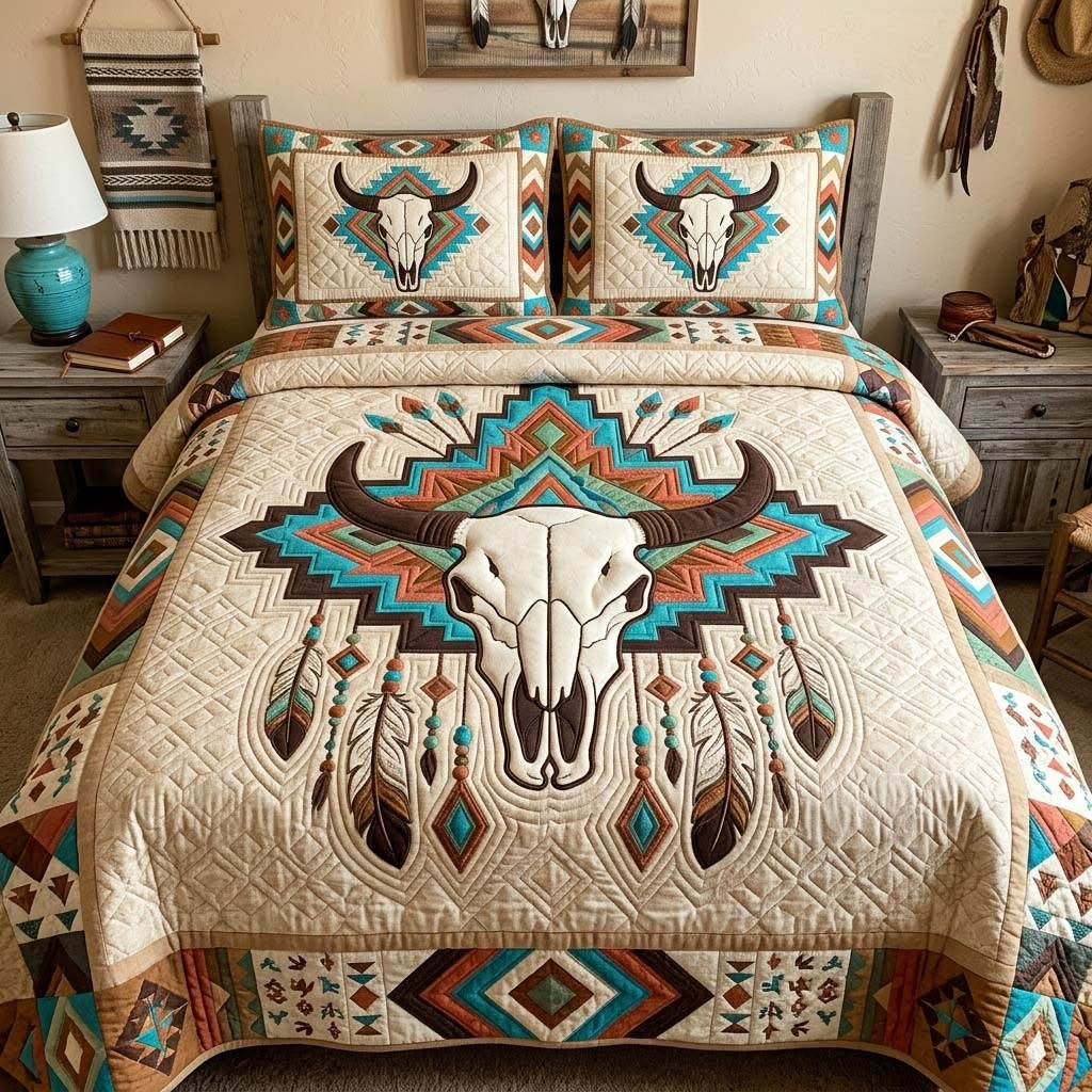 Turquoise Spirit Skull Native Bull Horn Quilted Bedding Set Southwestern Tribal Decor Gift Ideas