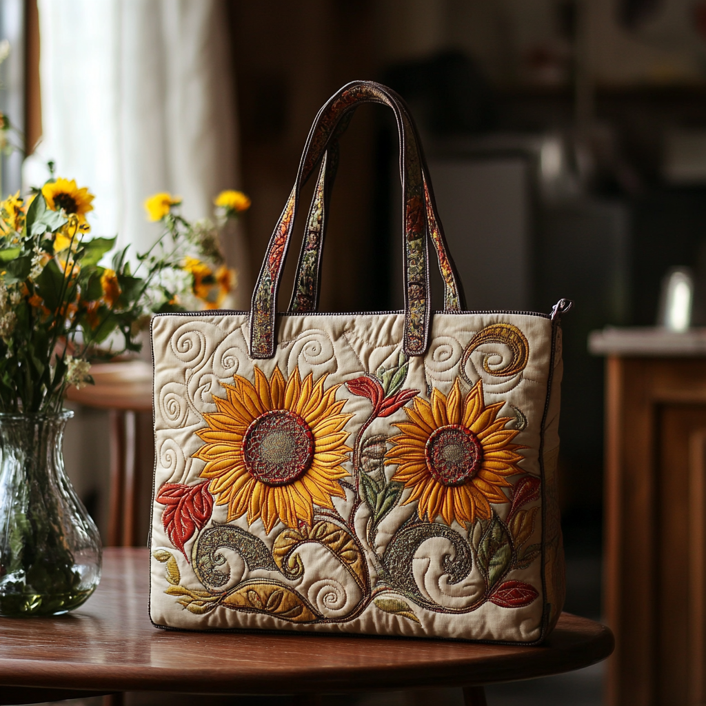 Twin Sunflower Charm Quilted Tote Bag Best Shoulder Bag For Women Sunflower Gifts For Grandma