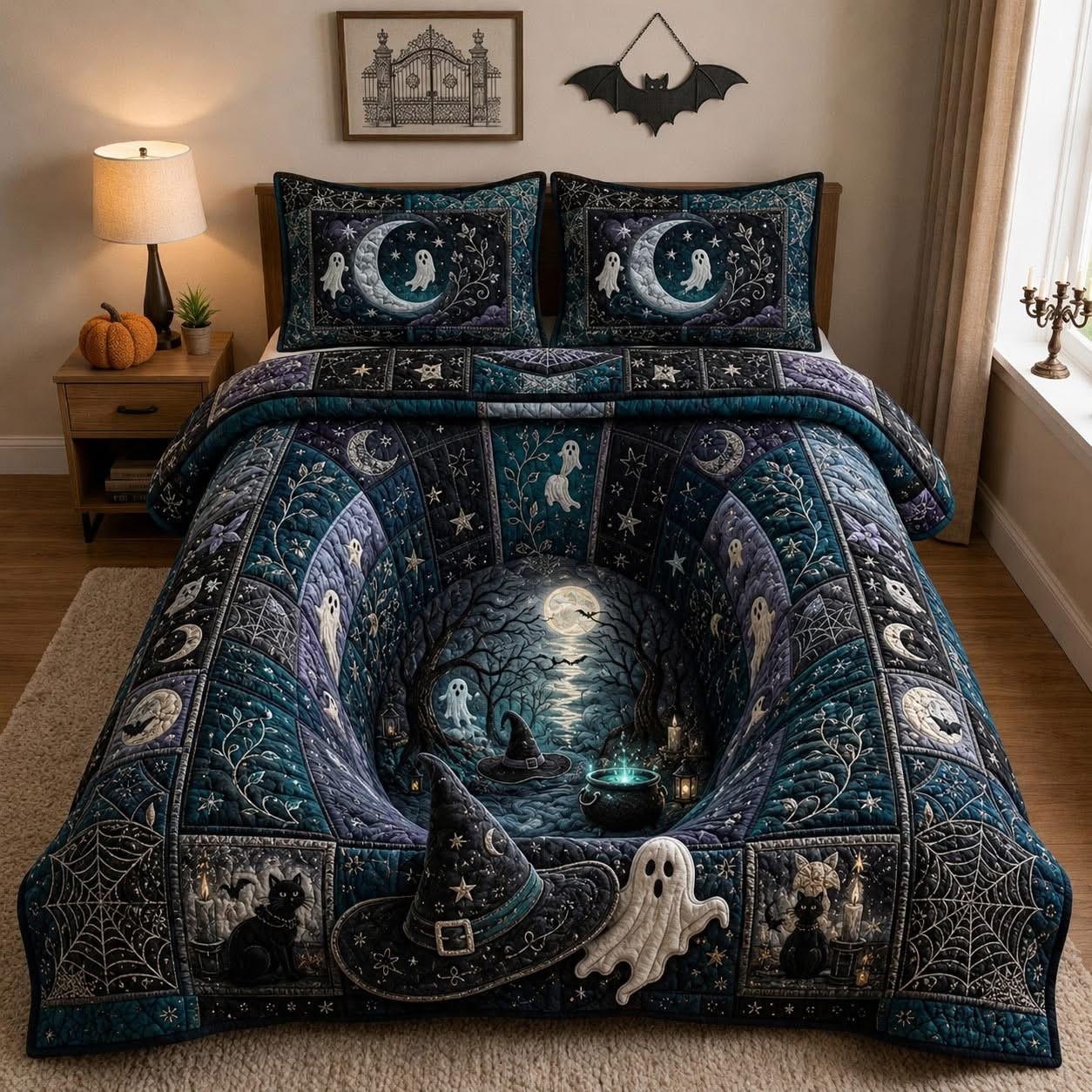 Twisted Halloween Spooky Ghost Witch Hat Quilted Bedding Set Gothic Pumpkin Decor Goth Gift