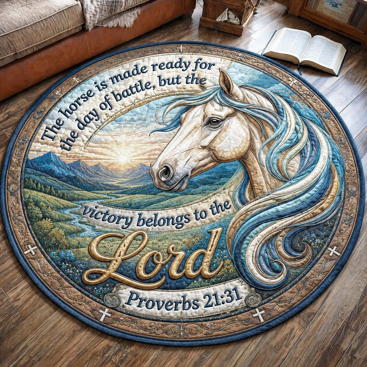 Victory Horse Proverbs 21 31 Quilted Round Mat Bible Verse Christian Home Decor Religious Men Gift