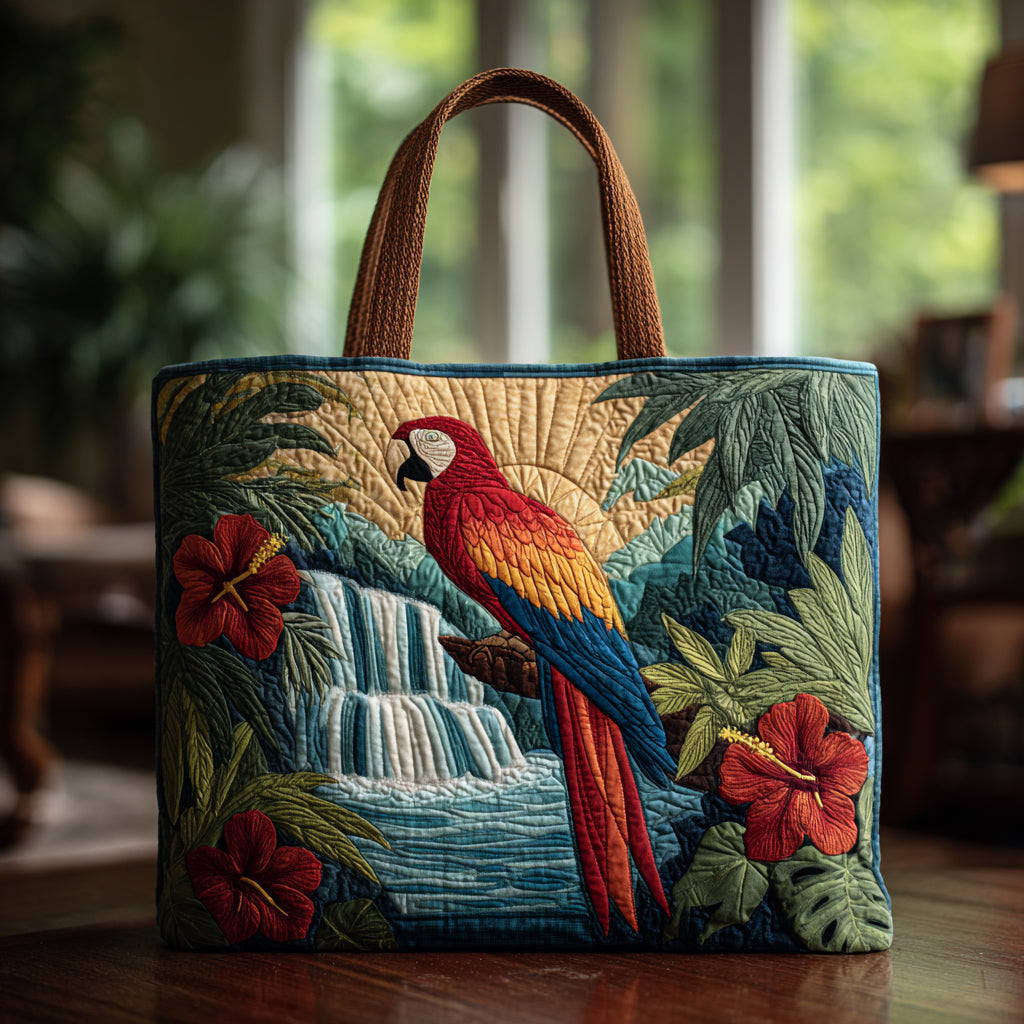Waterfall Parrot Scene Quilted Tote Bag Travel Shoulder Bag Mothers Day Gift Ideas Last Minute