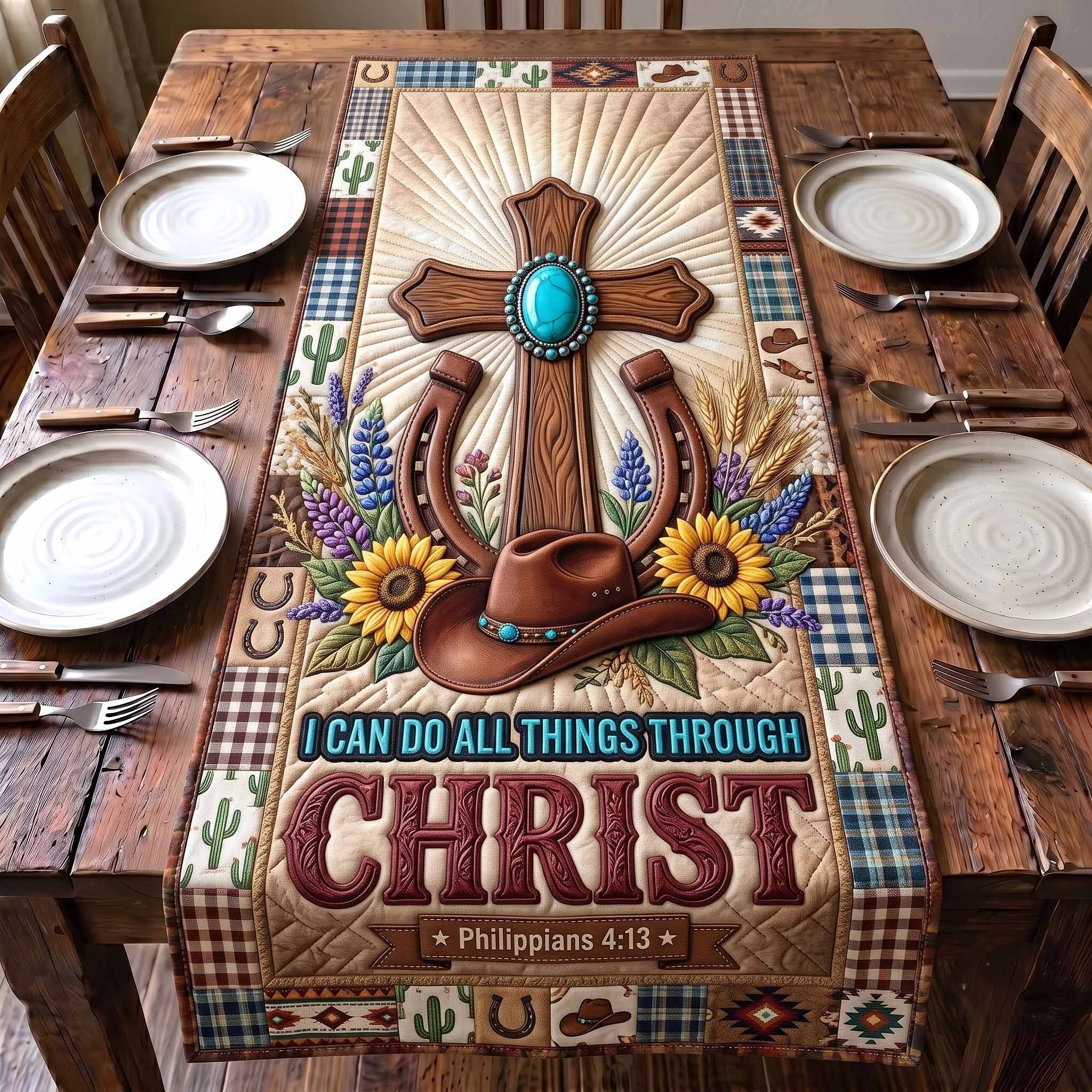 Western Grace I Can Do All Things Through Christ Quilted Table Runner Cowboy Home Decor